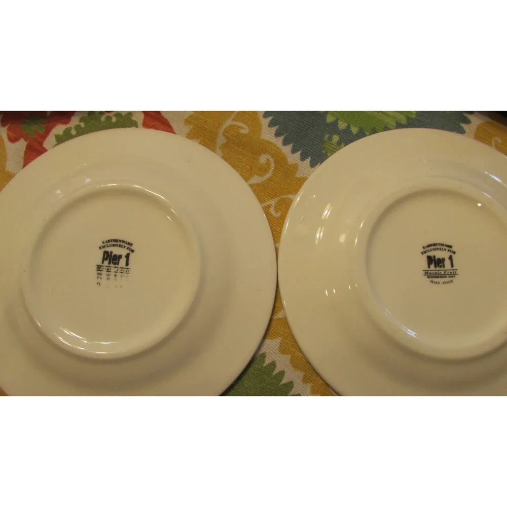 Pier 1 Mosaic Fruit red green pear leaves Salad luncheon 2 plates set lot 8 1/4